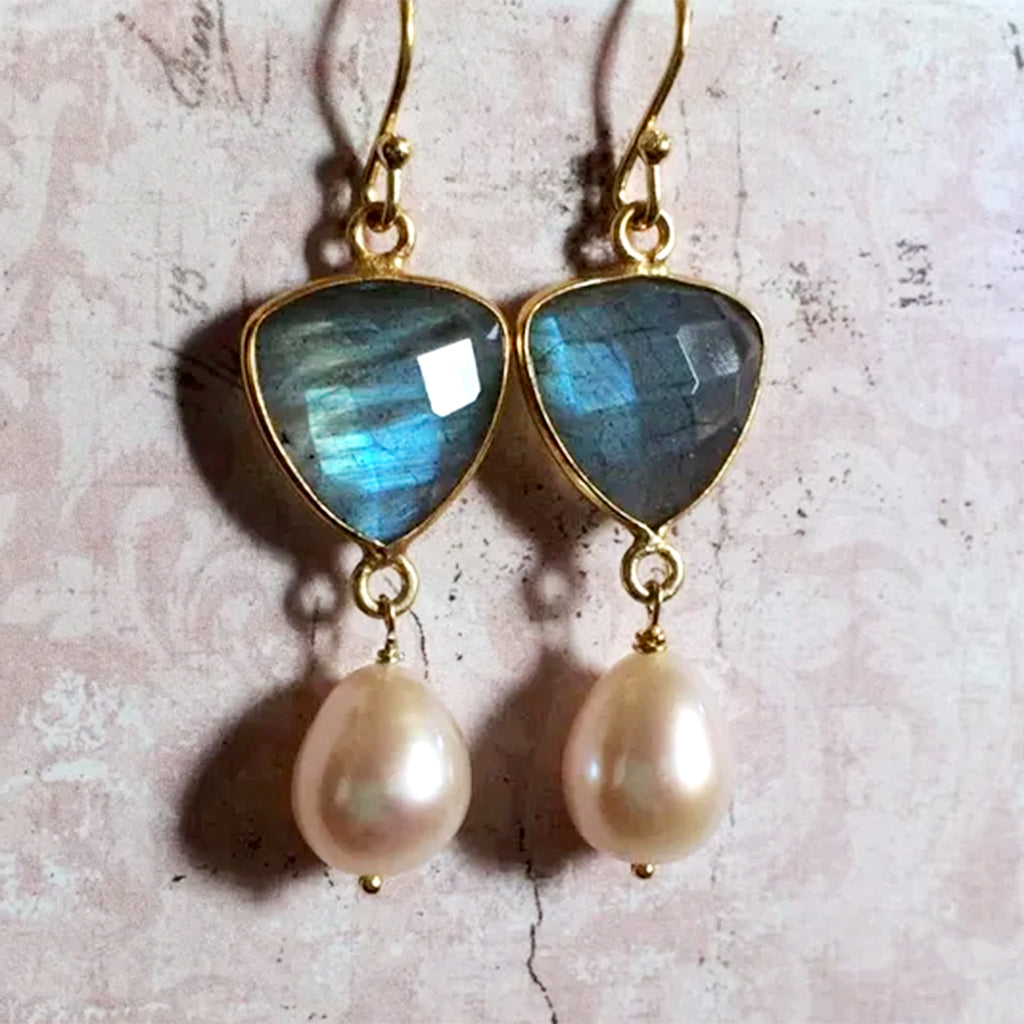 Labradorite and Freshwater Pearl Earrings on Gold-Plated Sterling Silver