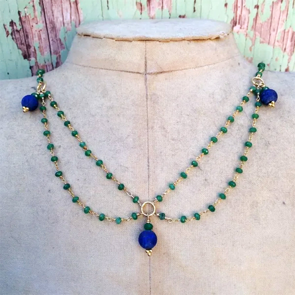 Lapis Lazuli and Green Agate Double Chain Necklace