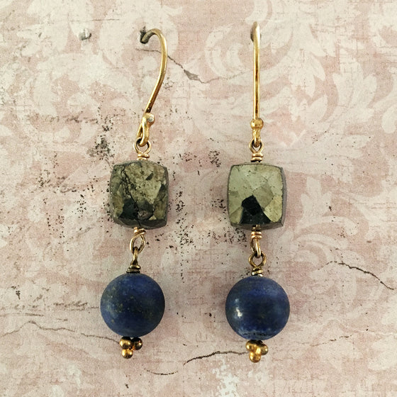 Lapis Lazuli and Pyrites Cube Earrings