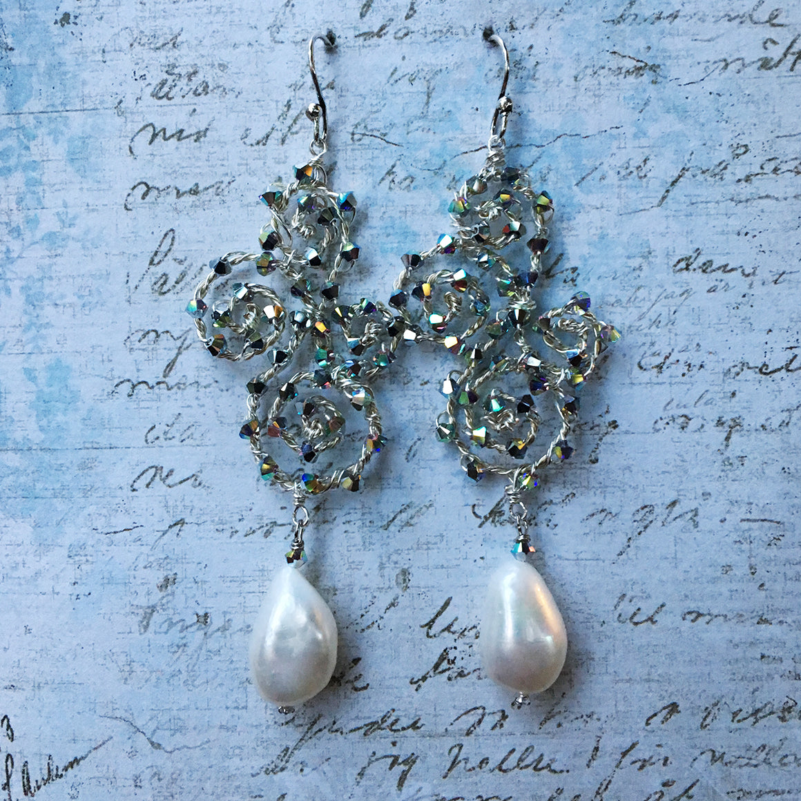 Large Baroque Pearl Earrings on Crystal Scrolls