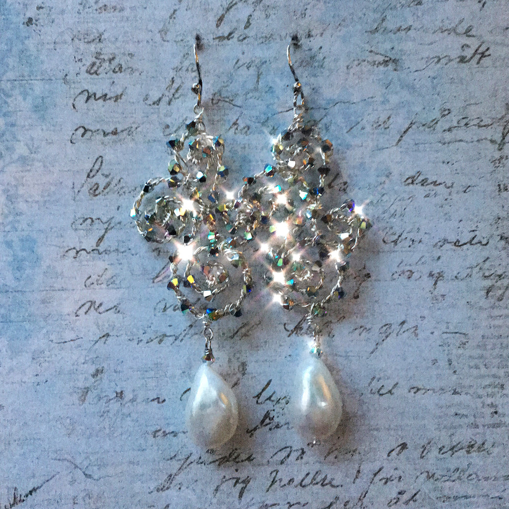 Large Baroque Pearl Earrings on Crystal Scrolls