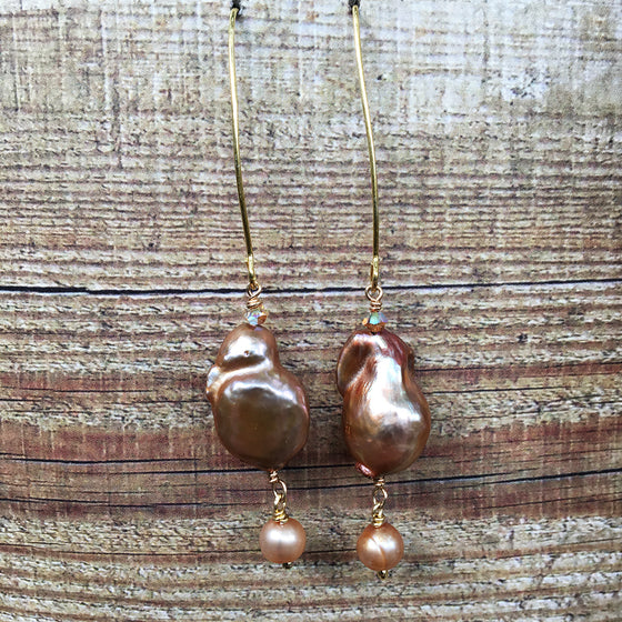 Large Bronze Baroque Pearl Arc Earrings