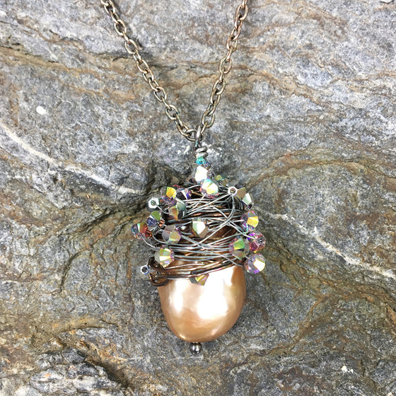 Large Crystal Wrapped Bronze Baroque Pearl Necklace