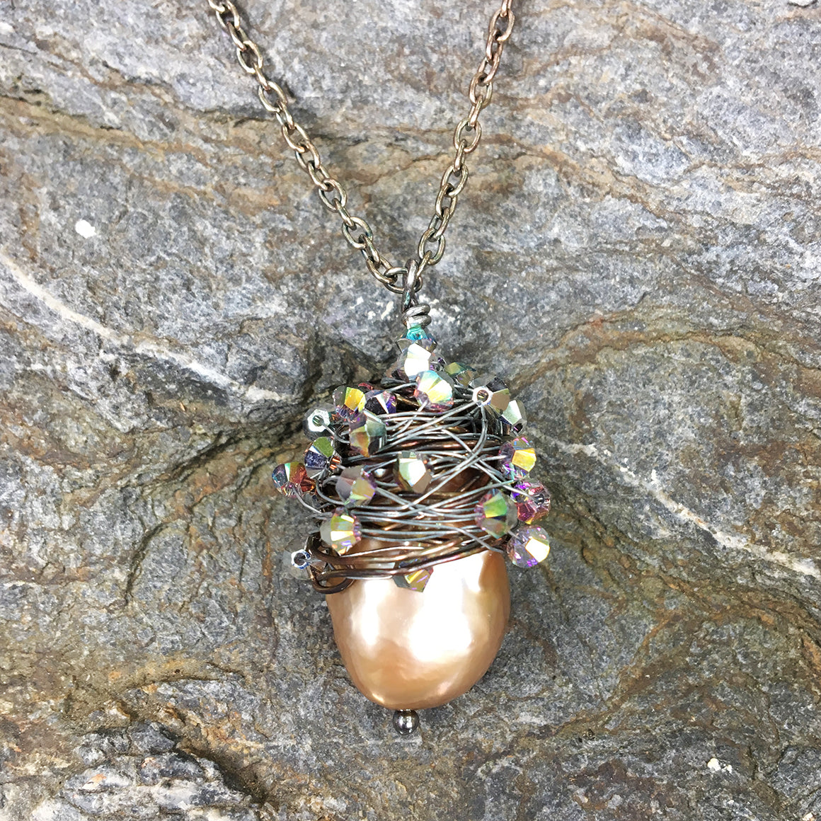 Large Crystal Wrapped Bronze Baroque Pearl Necklace