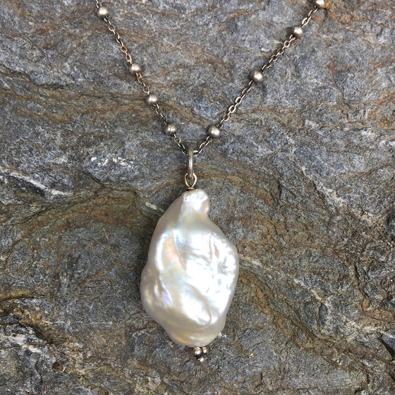 Large Grey Baroque Pearl on Oxidised Chain Necklace