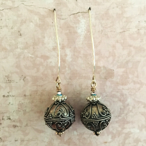 Large Oxidised Bali Bead Arc Earrings