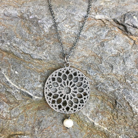 Large Oxidised Filligree Pendant with Drop Pearl Necklace