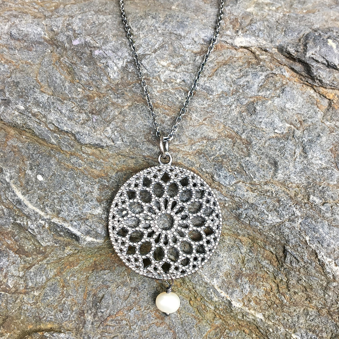 Large Oxidised Filligree Pendant with Drop Pearl Necklace