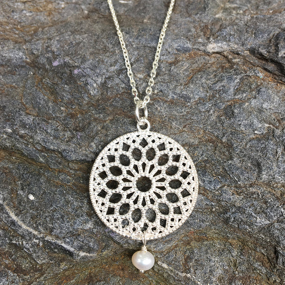Large Silver Filligree Pendant with Drop Pearl Necklace