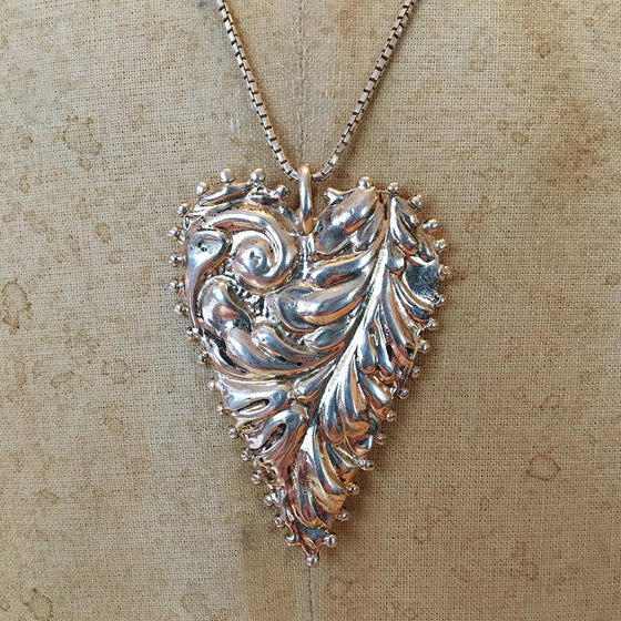 Large Solid Silver Dotted Embossed Heart Necklace