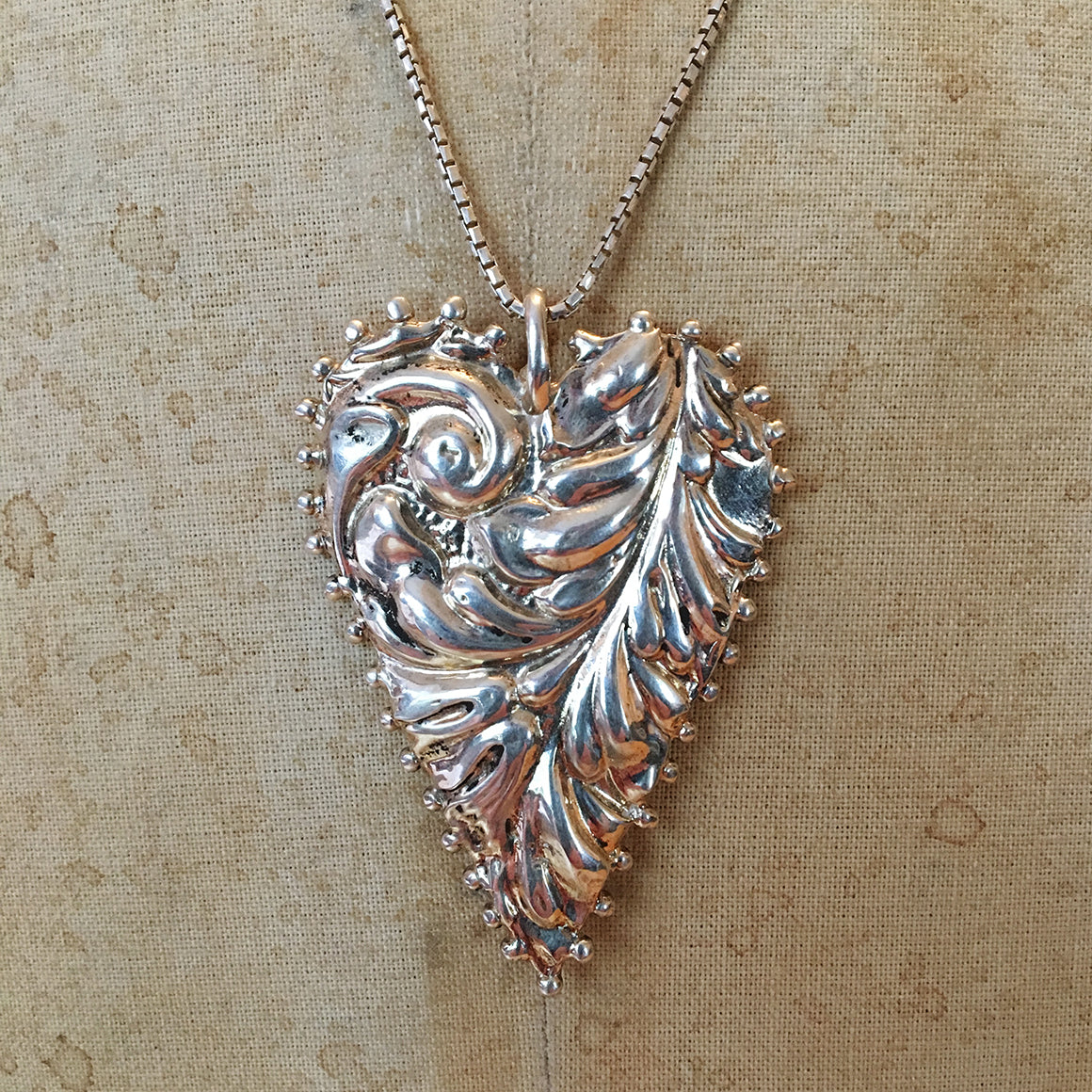 Large Solid Silver Dotted Embossed Heart Necklace