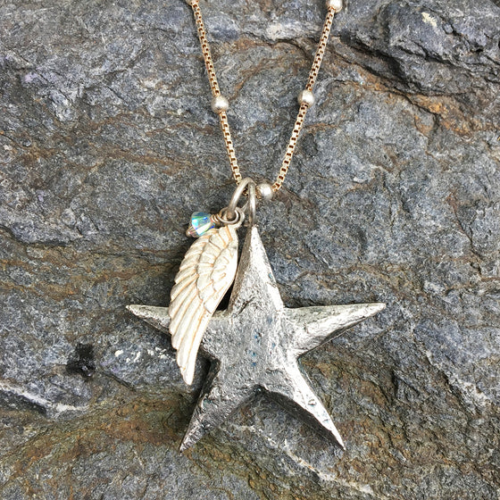 Large Star with Angel Wing and Crystal Necklace