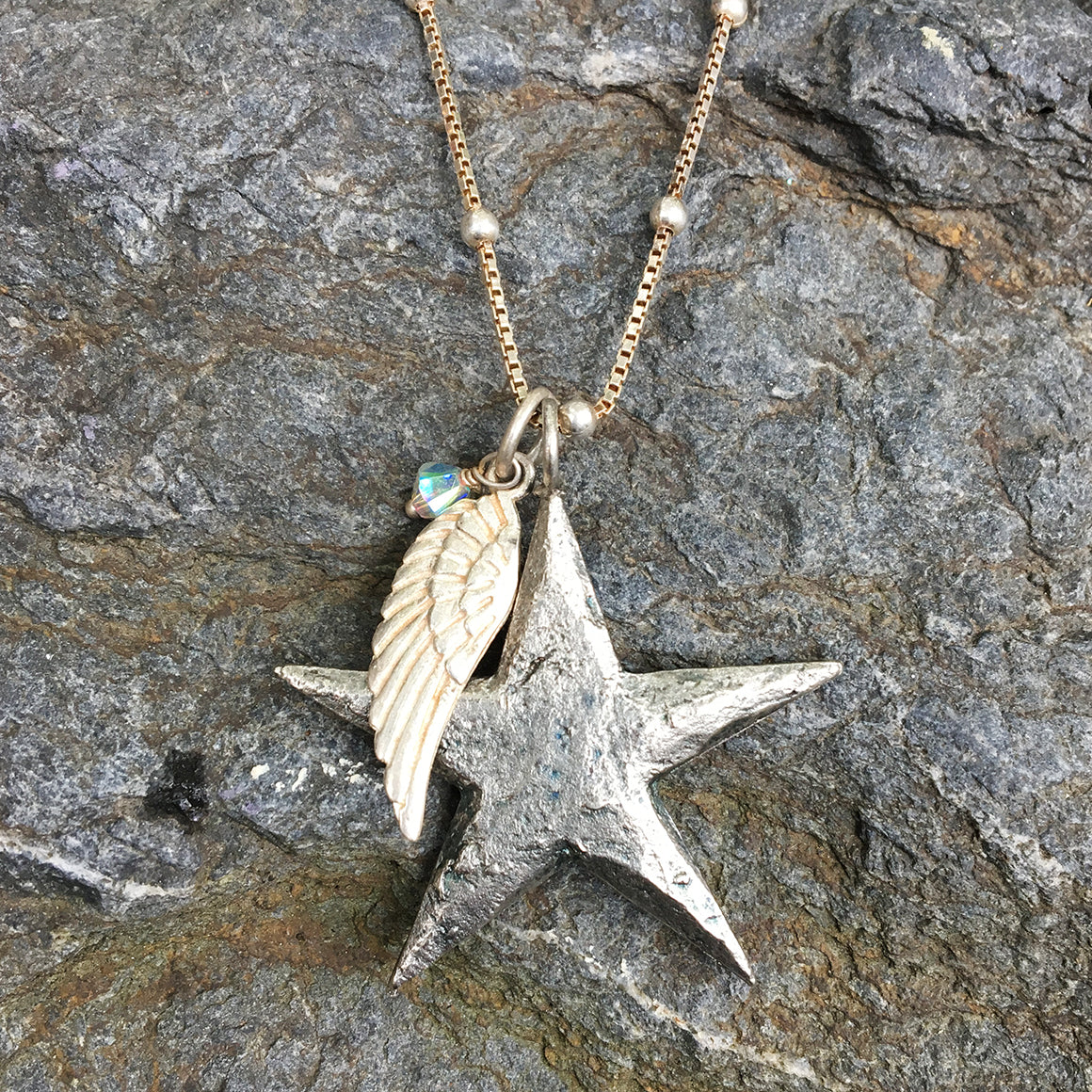 Large Star with Angel Wing and Crystal Necklace