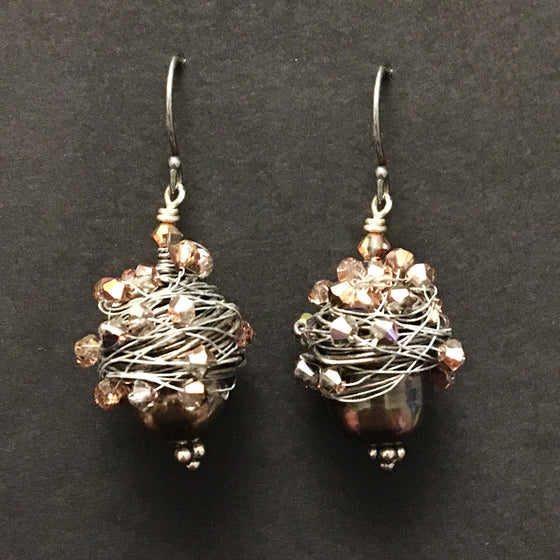 Large Wire Wrapped Pearl and Crystal Earrings