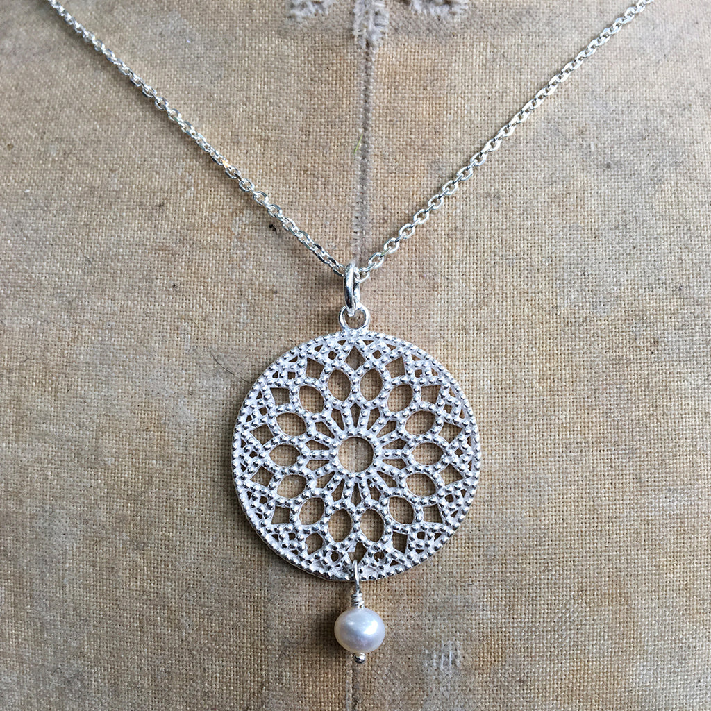 Large Filligree Pendant with Drop Pearl Necklace