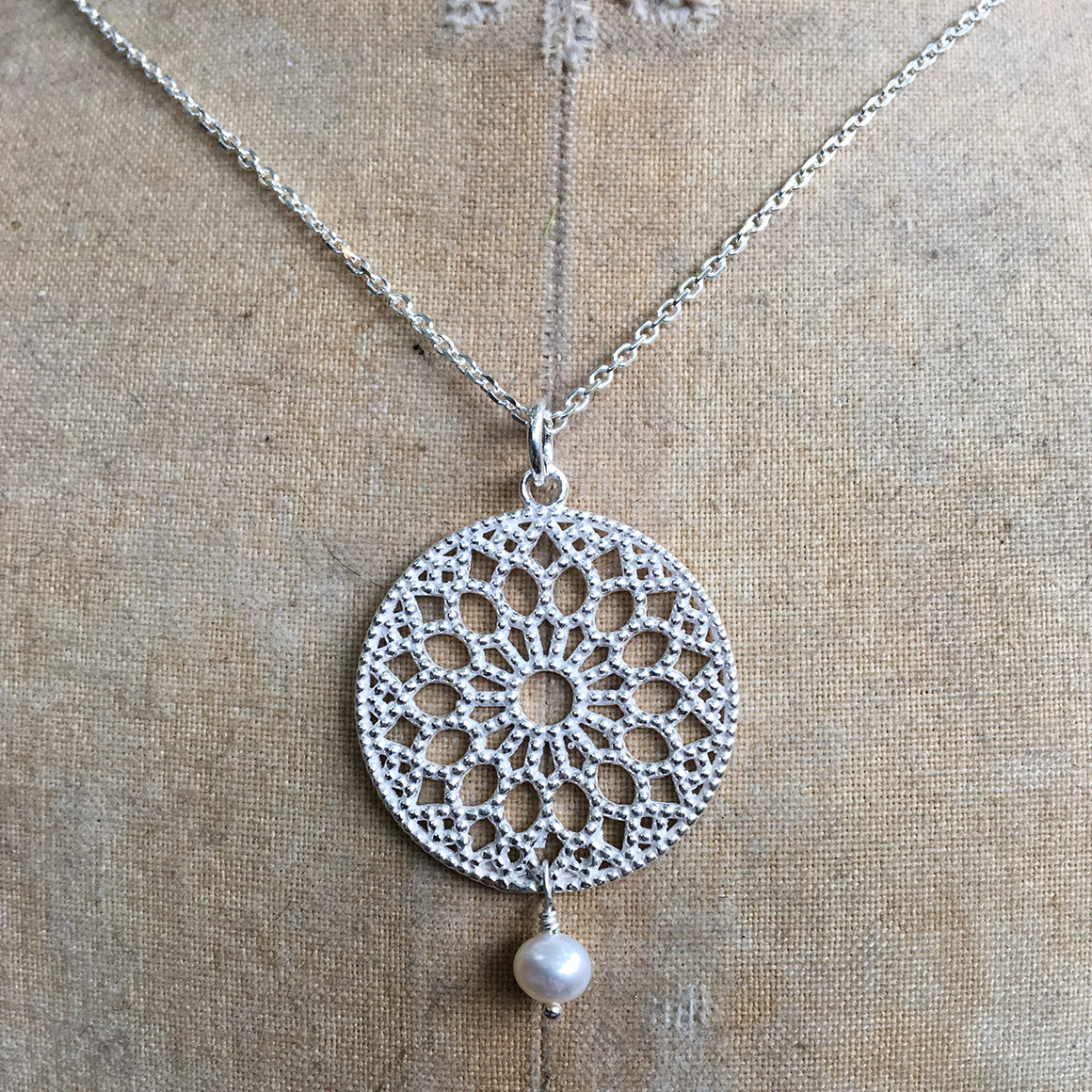 Large Filligree Pendant with Drop Pearl Necklace