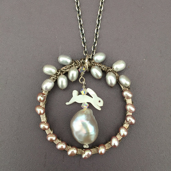 Leaping Hare with Dove Grey Pearl Necklace