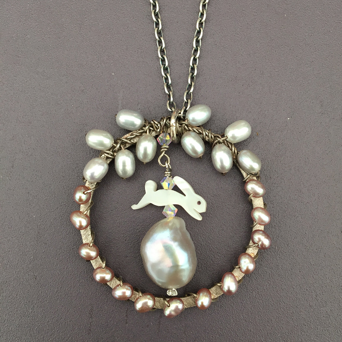 Leaping Hare with Dove Grey Pearl Necklace