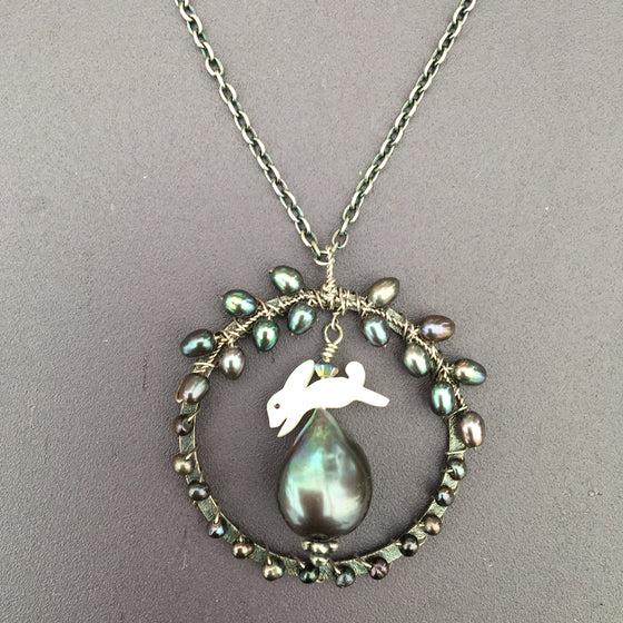 Leaping Hare with Dark Pearl Necklace