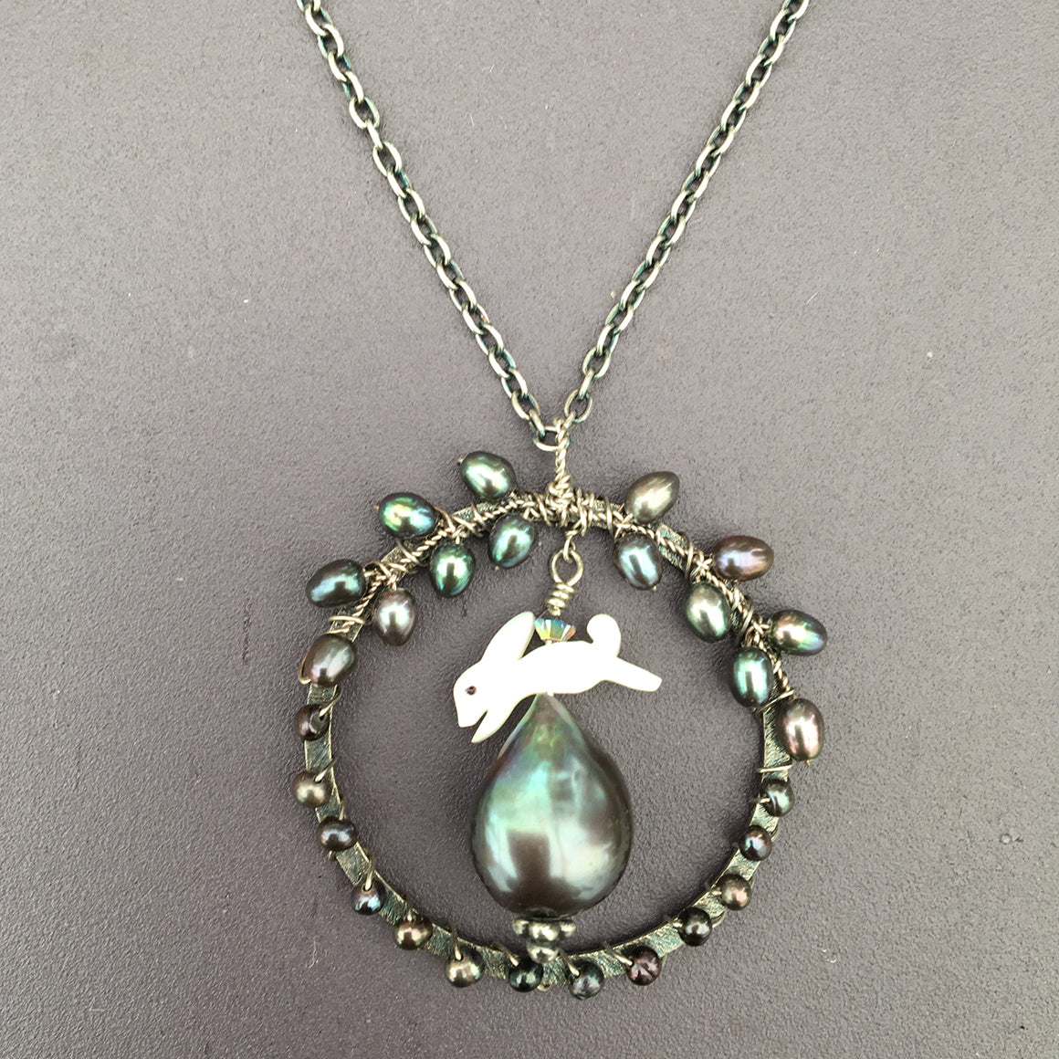 Leaping Hare with Dark Pearl Necklace