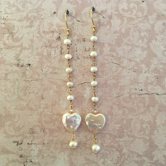 Long Pearl Chain and Pearl Heart Earrings