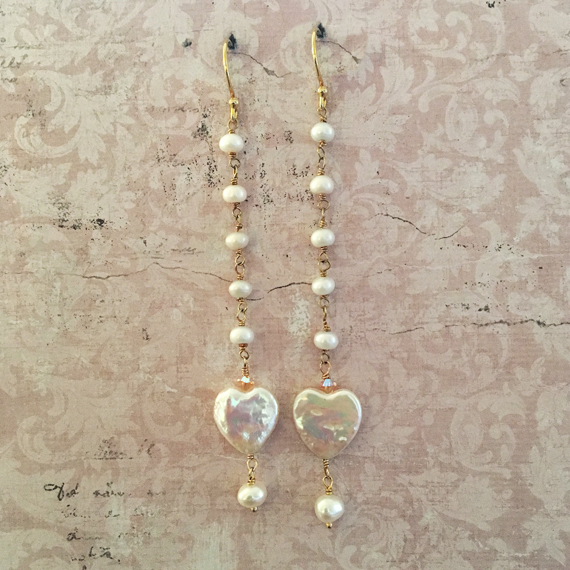 Long Pearl Chain and Pearl Heart Earrings