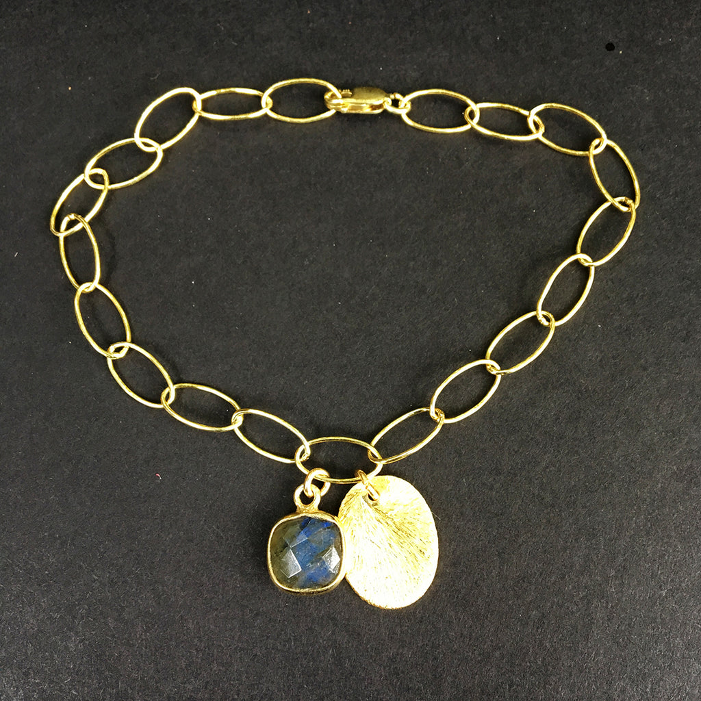 Loose Link Bracelet with Labradorite Pendant and Gold Tag