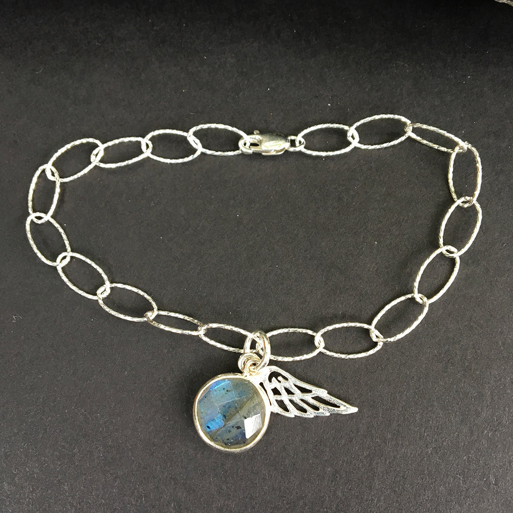 Loose Link Bracelet with Labradorite Pendant and Angel Wing