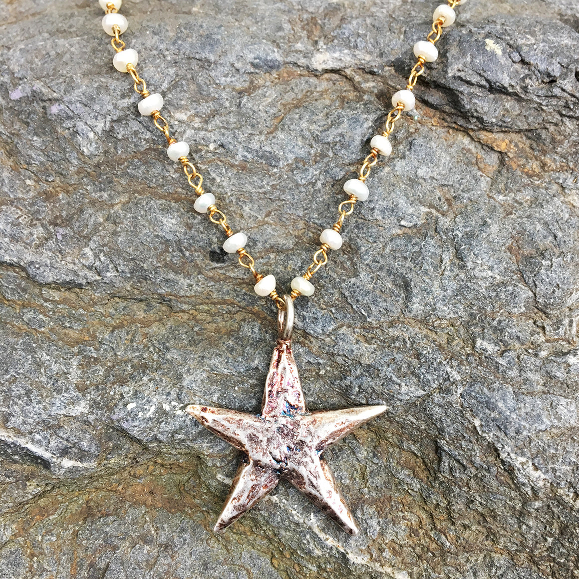 Medium Star on Dotted Pearl Chain Necklace