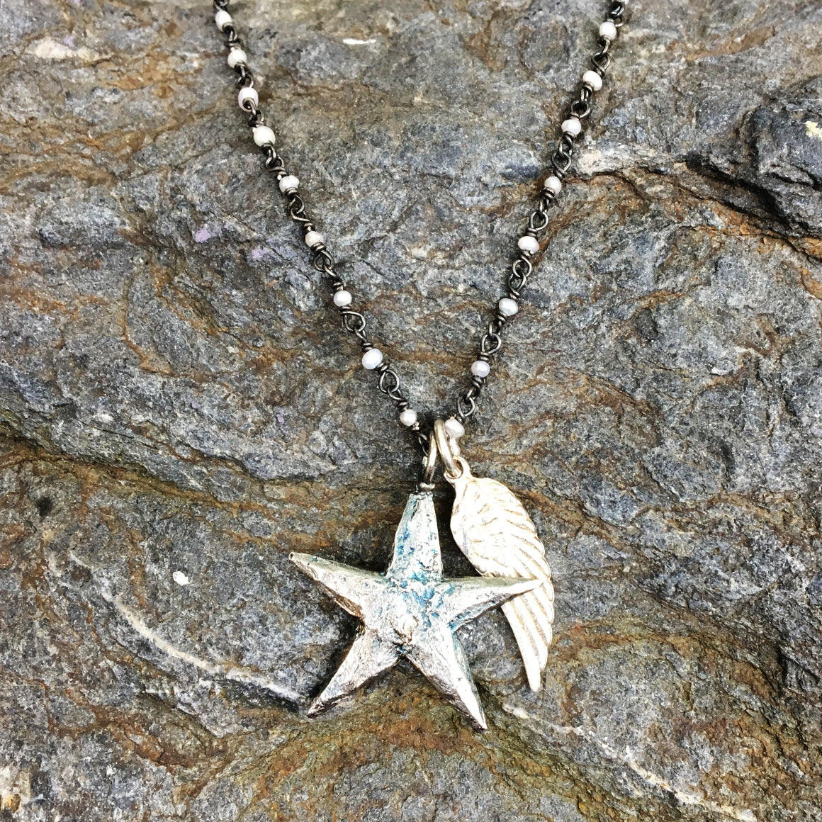Medium Star with Angel Wing on Pearl Chain Necklace