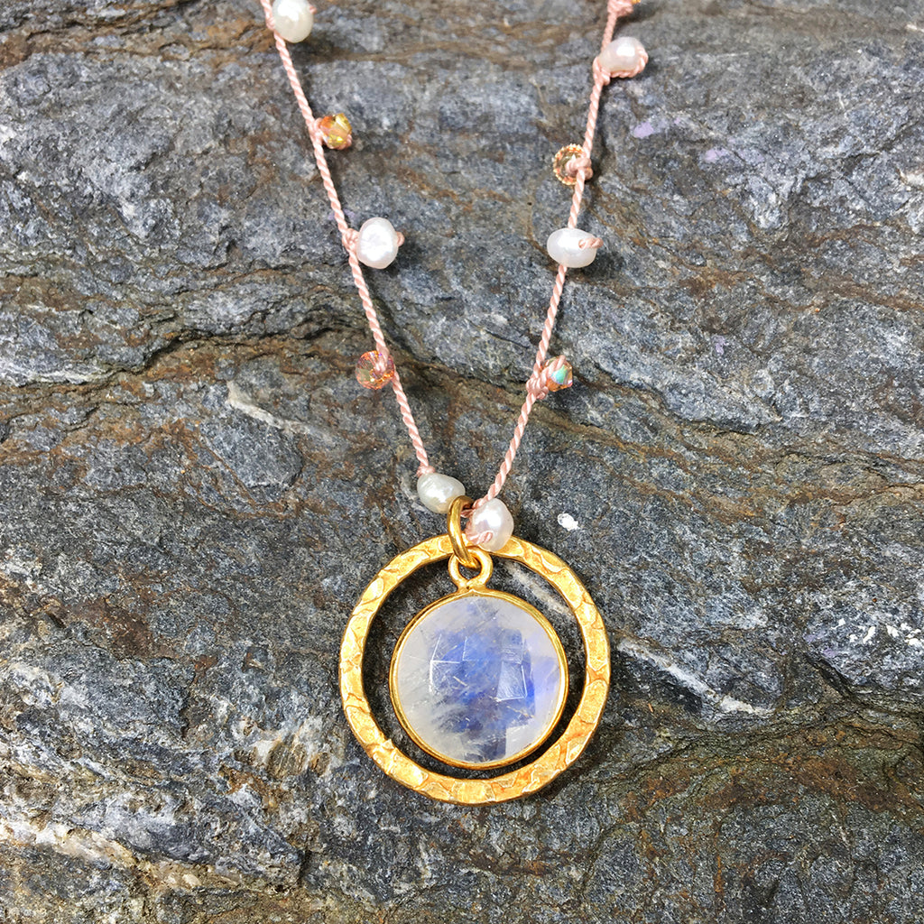 Moonstone Halo on Dotted Necklace