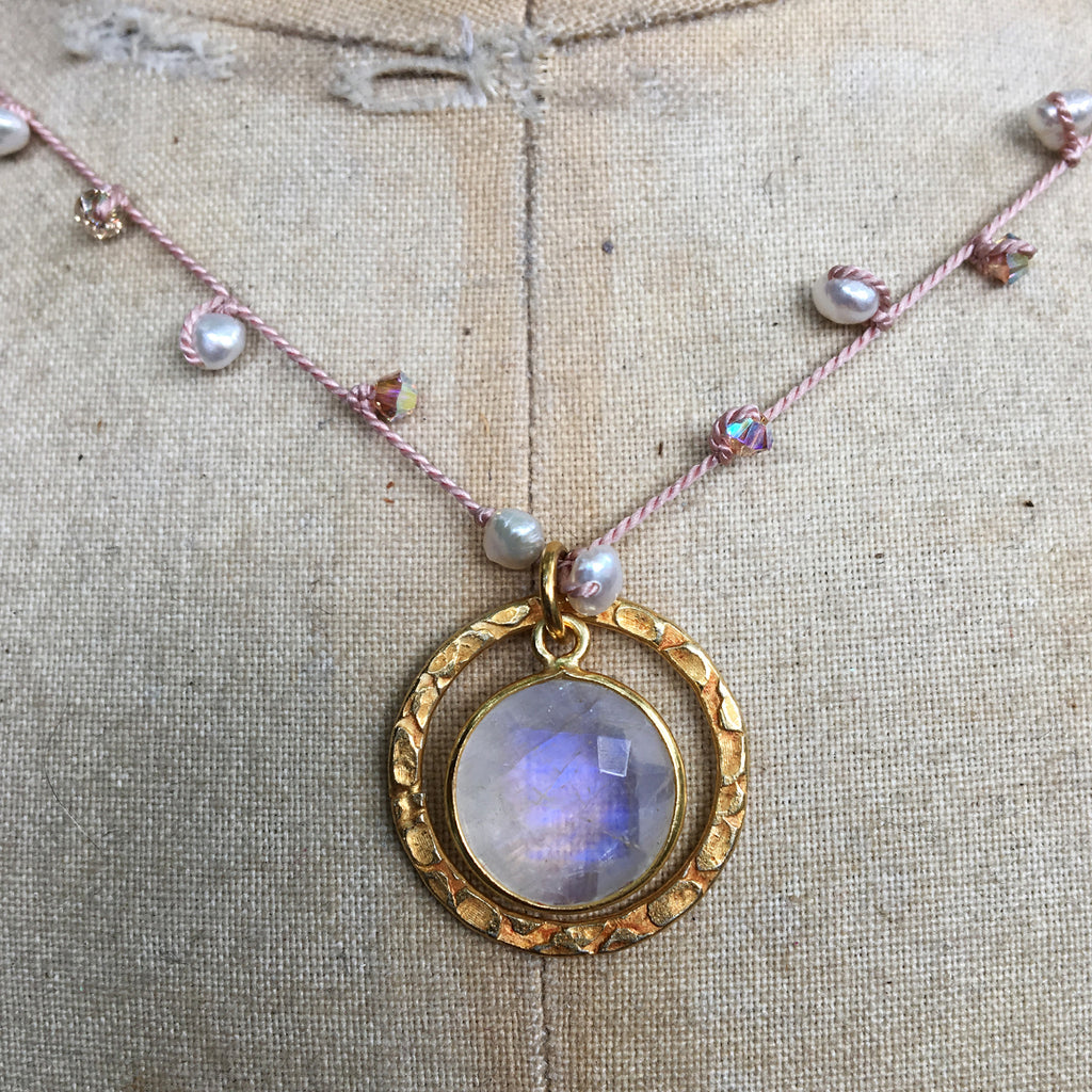 Moonstone Halo on Dotted Necklace