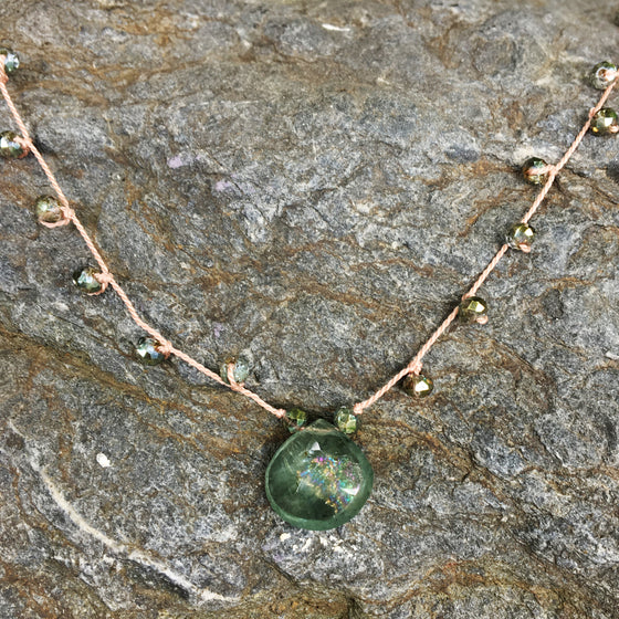 Moss Aqua Briolette on Crystal Dotted Silk Necklace