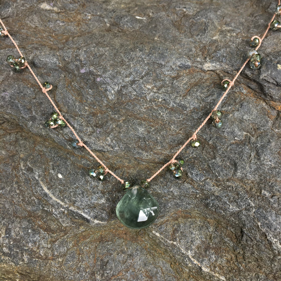 Moss Aqua Briolette on Triple Crystal Dotted Silk Necklace