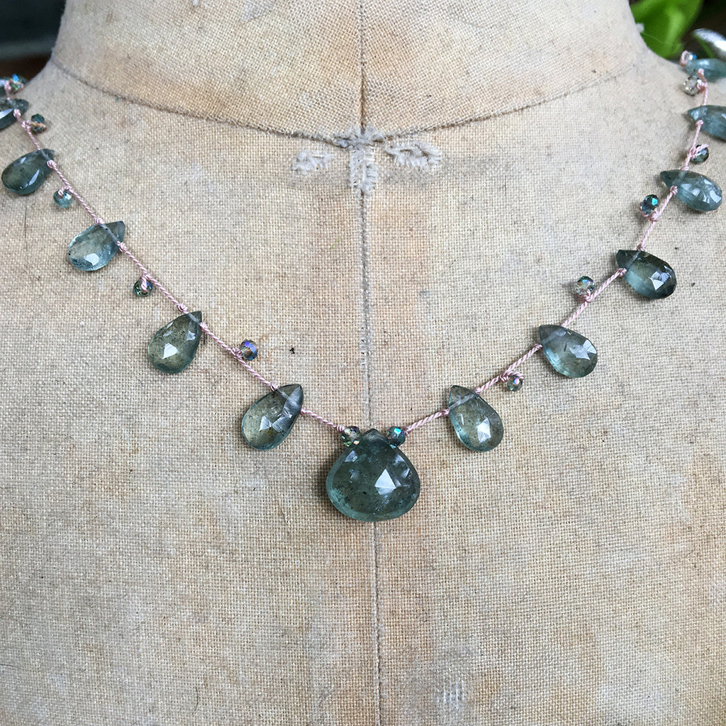 Moss Aqua Briolettes and Crystals Dotted on Silk Necklace