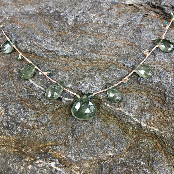 Moss Aqua Briolettes and Crystals Dotted on Silk Necklace