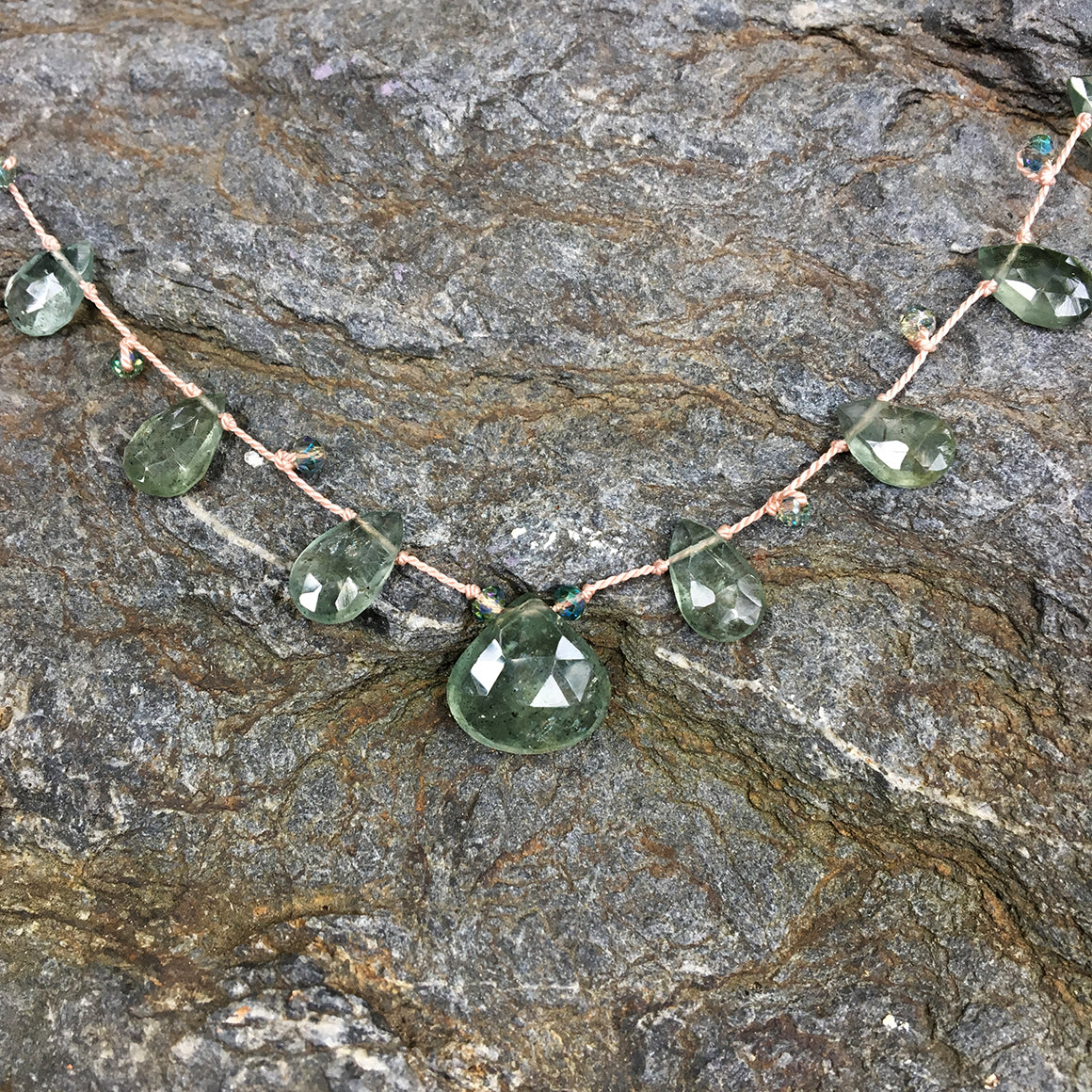 Moss Aqua Briolettes and Crystals Dotted on Silk Necklace
