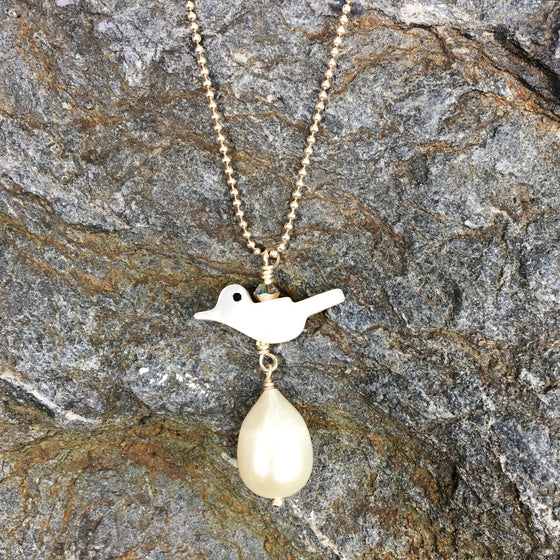 Mother of Pearl Bird and Drop Pearl Necklace