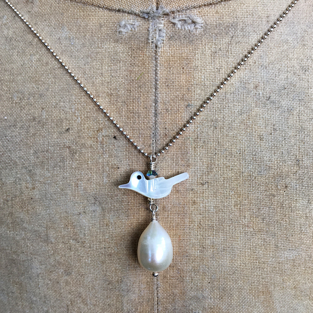 Mother of Pearl Bird and Drop Pearl Necklace