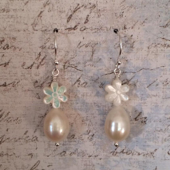 Mother of Pearl Daisy and Pearl Drops Earrings