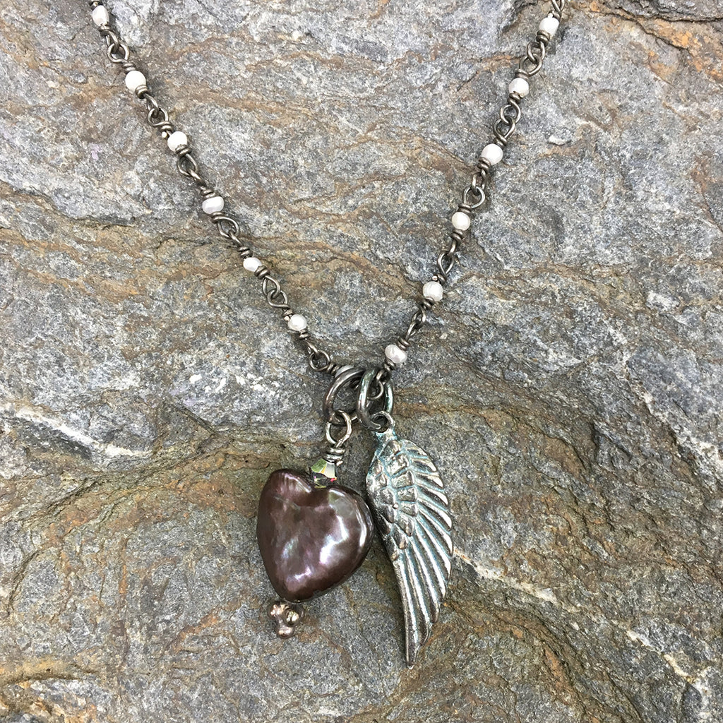 Oxidised Angel Wing with Dark Pearl Heart Necklace