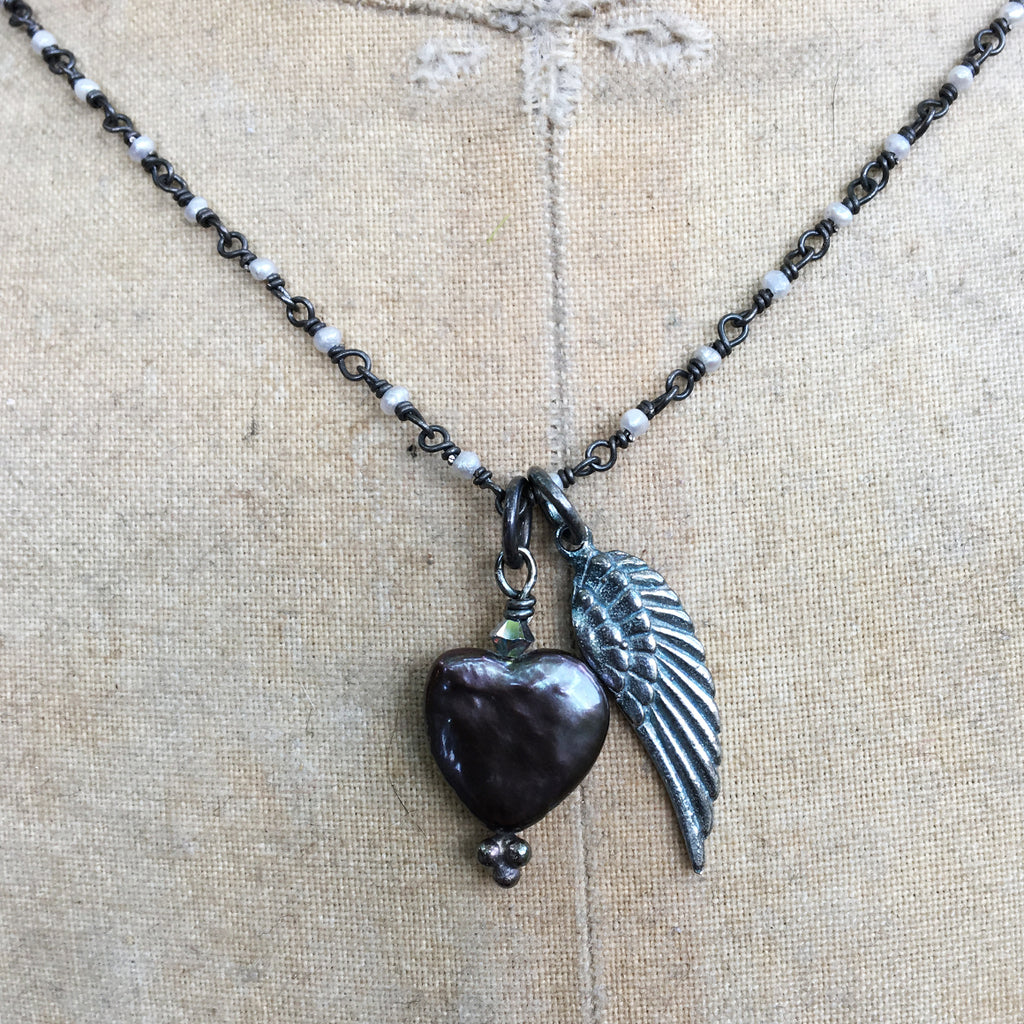 Oxidised Angel Wing with Dark Pearl Heart Necklace