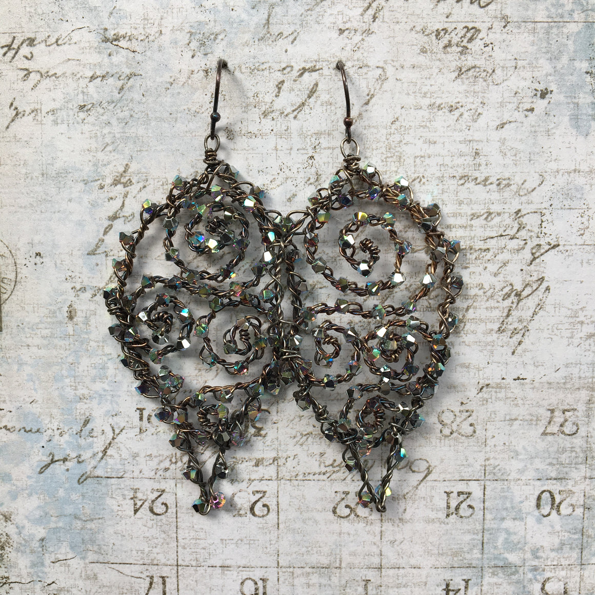 Oxidised Crystal Scrolled Leaf Earrings