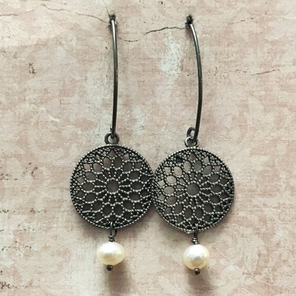 Oxidised Filigree Disc and Pearl Earrings