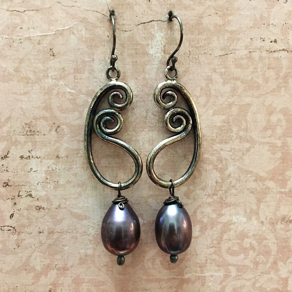 Oxidised Paisley and Drop Pearl Earrings