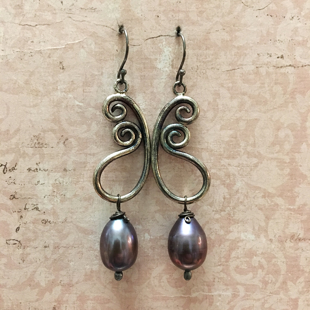 Oxidised Paisley and Drop Pearl Earrings