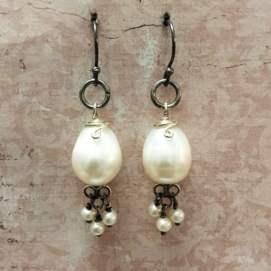Oxidised Silver and Drop Pearl Earrings