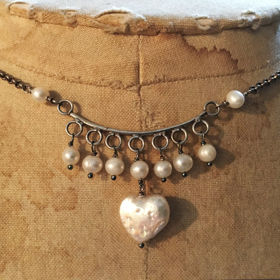 Oxidised Silver and Pearl Heart Ethnic Necklace
