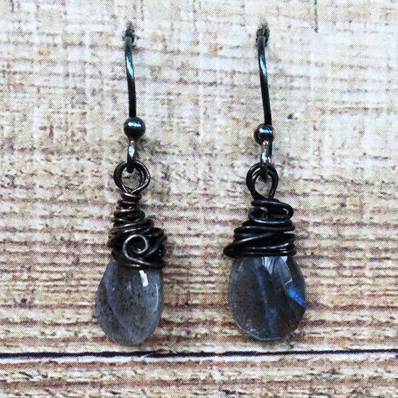 Oxidised Wrapped Labradorite Earrings