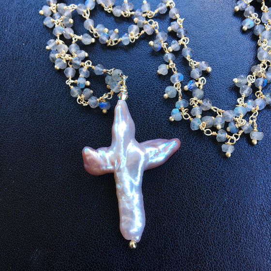 Pearl Cross on Labradorite Chain Necklace